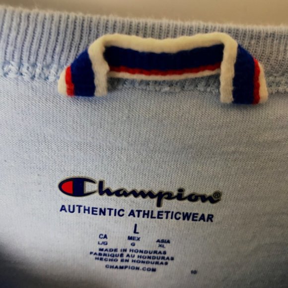 Champion All Over Print T Shirt Graphic Tee Short Sleeve Cotton Logo Blue Large - Picture 3 of 7